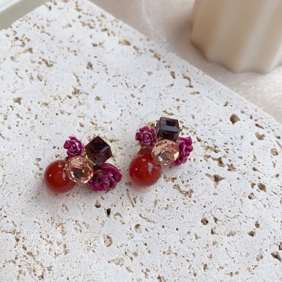 Handmade Burgundy Rose Flower Earring Studs - Picture 2 of 6
